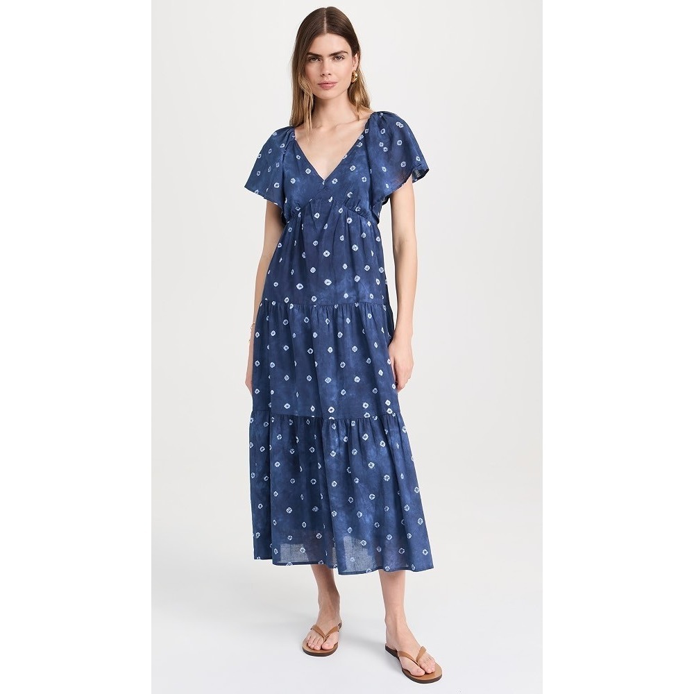 Madewell Maxi Devyn Dress Womens 8 Shibori Blue White Cotton Flutter Sleeve Boho